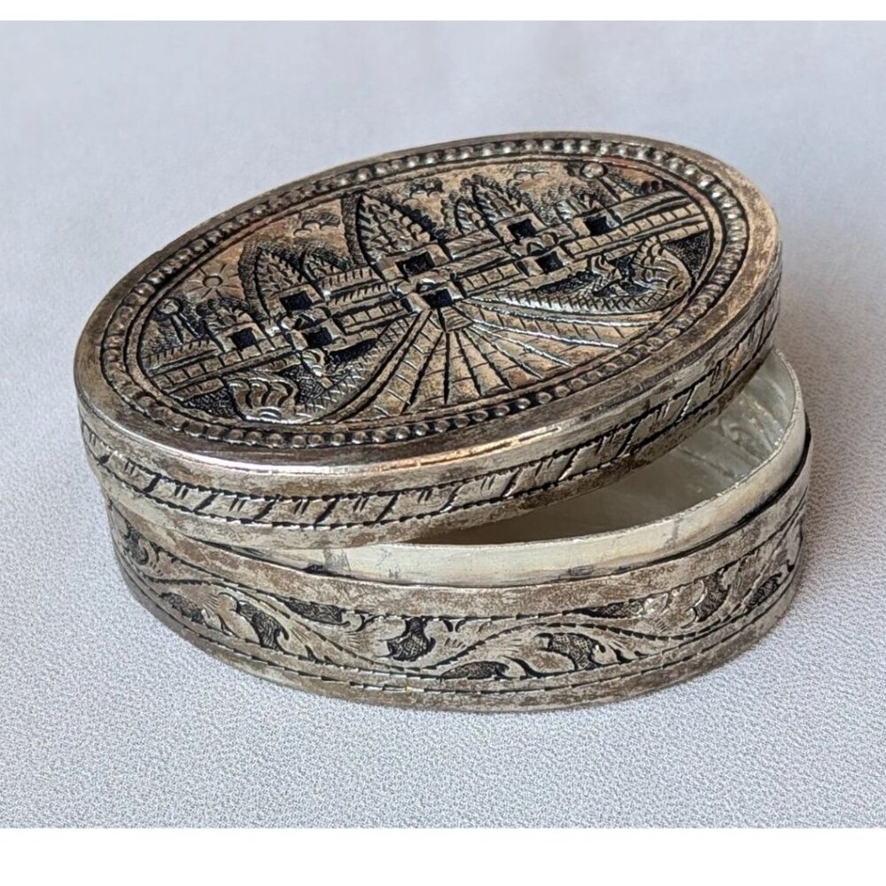 Vintage Angkor Wat Repousse Siem Reap Cambodia Oval Trinket Box Silver Plated
